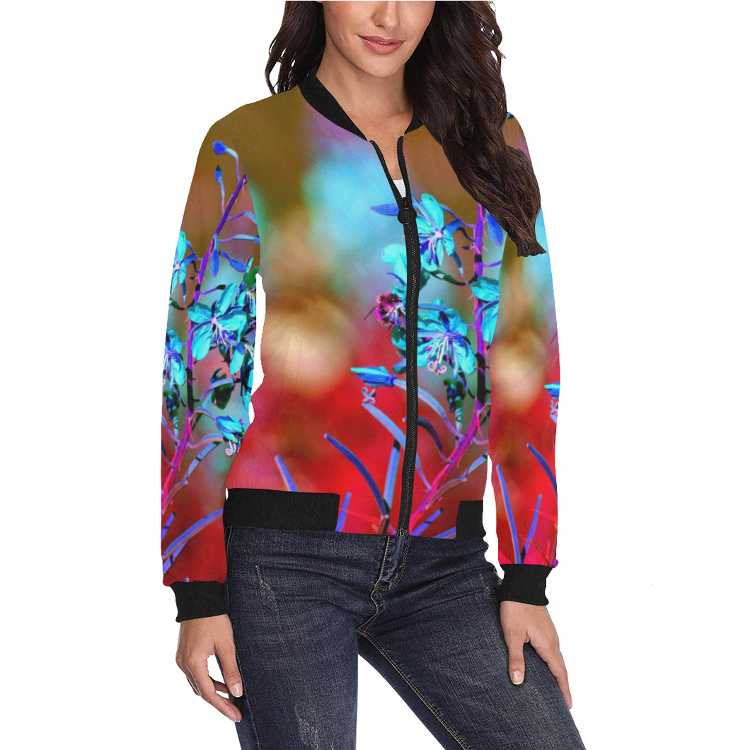 Fireweed Flower Blue All Over Print Bomber Jacket for Women (Model H36)