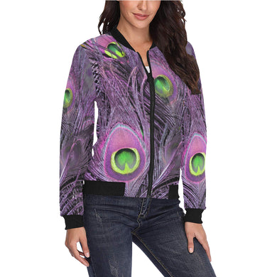 Peacock Feathers Purple All Over Print Bomber Jacket for Women (Model H36)