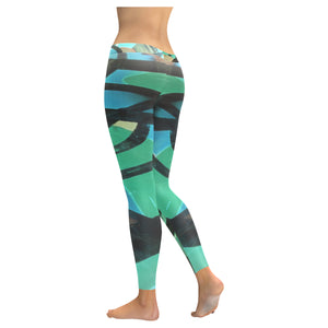 Abstract Circles Black and Teal Low Rise Leggings (Invisible Stitch) (Model L05)