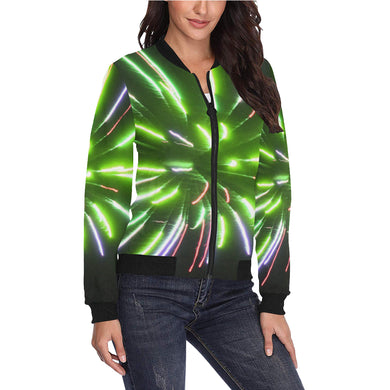 Fireworks Burst Green All Over Print Bomber Jacket for Women (Model H36)