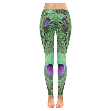 Peacock Feathers Green Low Rise Leggings (Invisible Stitch) (Model L05)