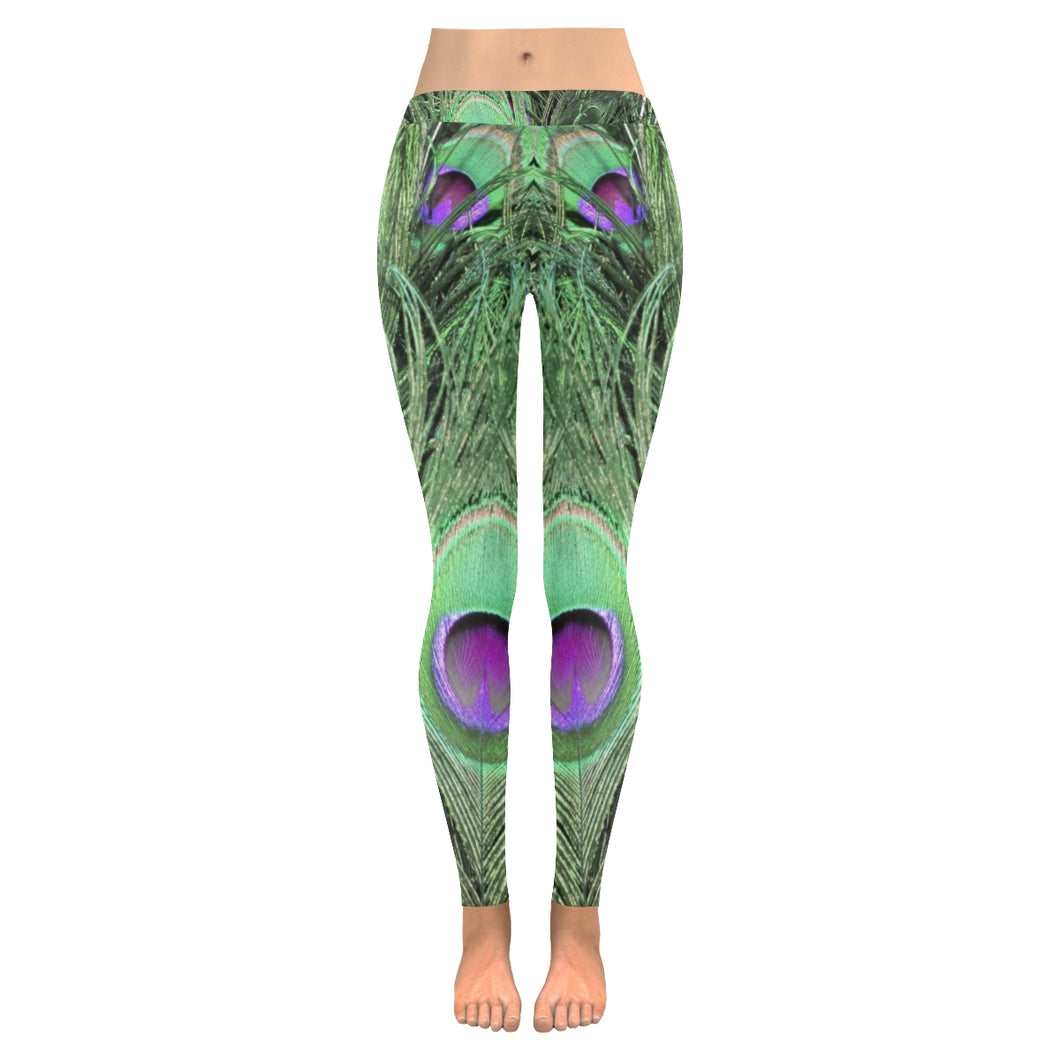 Peacock Feathers Green Low Rise Leggings (Invisible Stitch) (Model L05)