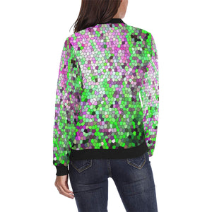 Marbled Abstract Green and Purple Mosaic All Over Print Bomber Jacket for Women (Model H36)