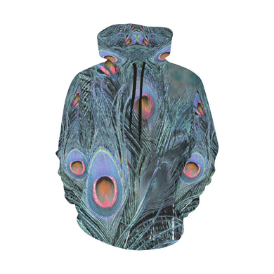 Peacock Feathers Blue All Over Print Hoodie for Women (USA Size) (Model H13)