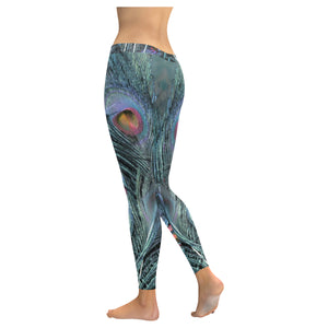 Peacock Feathers Blue Low Rise Leggings (Invisible Stitch) (Model L05)