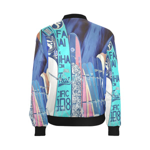 Surfboards Blue All Over Print Bomber Jacket for Women (Model H36)