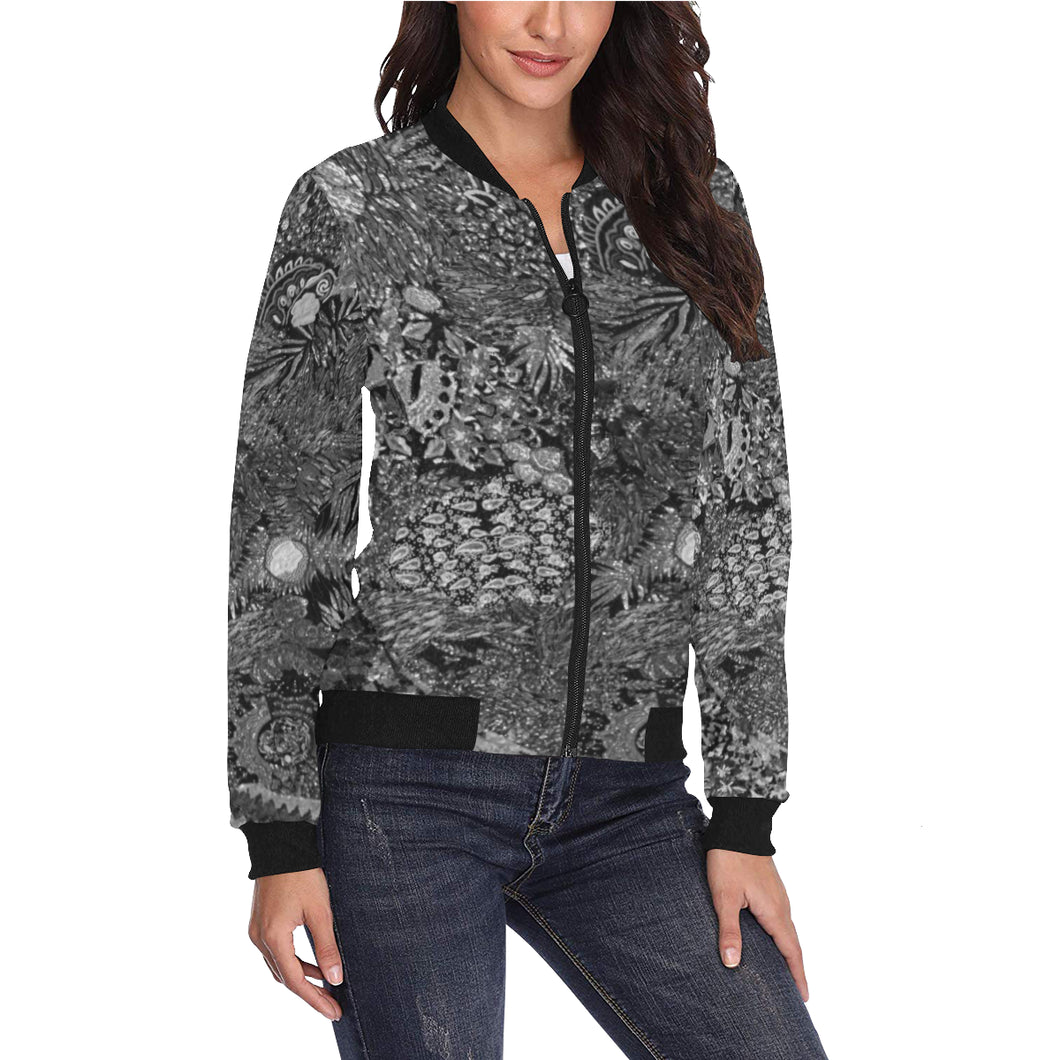 Fun and Fancy Paisley Black and White All Over Print Bomber Jacket for Women (Model H36)