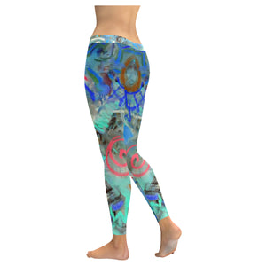 Graffiti Abstract Aqua Low Rise Leggings (Invisible Stitch) (Model L05)