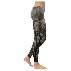 Spooky Tree Black and White Low Rise Leggings (Invisible Stitch) (Model L05)