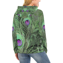 Load image into Gallery viewer, Peacock Feathers Green All Over Print Hoodie for Women (USA Size) (Model H13)