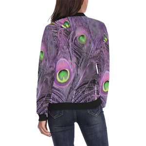 Peacock Feathers Purple All Over Print Bomber Jacket for Women (Model H36)