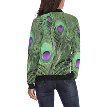 Load image into Gallery viewer, Peacock Feathers Green All Over Print Bomber Jacket for Women (Model H36)