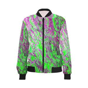 Marbled Abstract Green and Purple All Over Print Bomber Jacket for Women (Model H36)