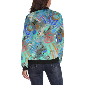 Graffiti Abstract Aqua All Over Print Bomber Jacket for Women (Model H36)