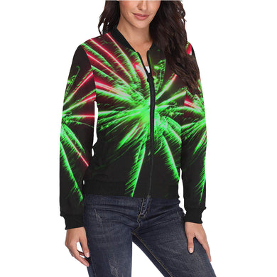 Fireworks Star Green All Over Print Bomber Jacket for Women (Model H36)