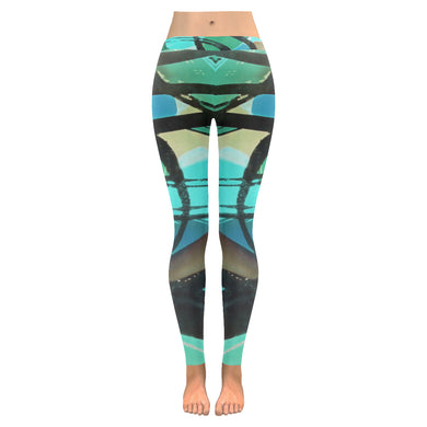 Abstract Circles Black and Teal Low Rise Leggings (Invisible Stitch) (Model L05)