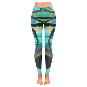 Abstract Circles Black and Teal Low Rise Leggings (Invisible Stitch) (Model L05)
