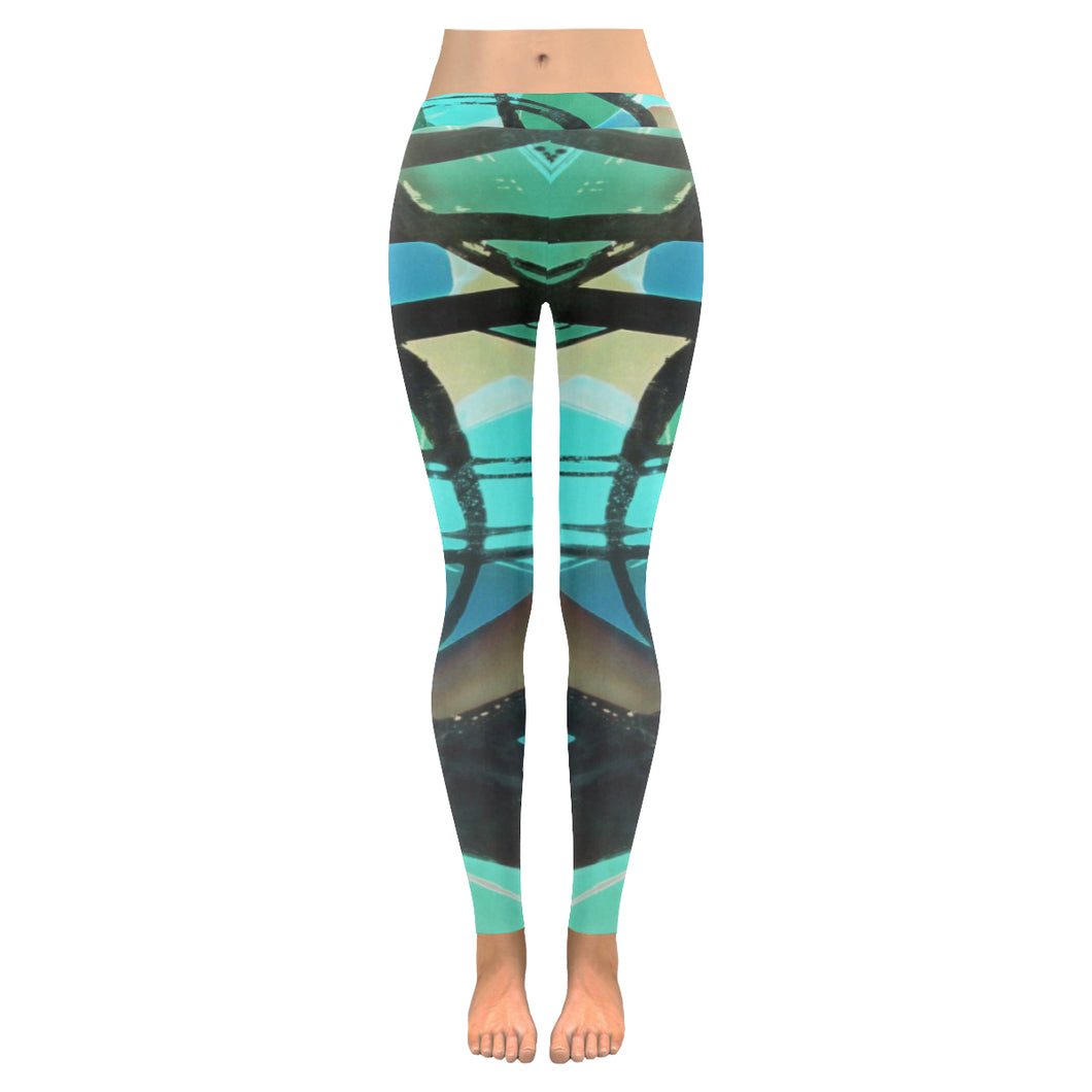 Abstract Circles Black and Teal Low Rise Leggings (Invisible Stitch) (Model L05)