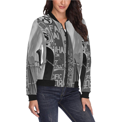 Surfboards Black and White All Over Print Bomber Jacket for Women (Model H36)