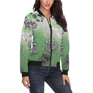 Patches of Moss Green All Over Print Bomber Jacket for Women (Model H36)