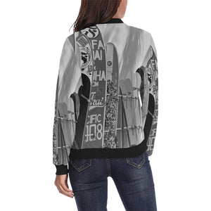 Surfboards Black and White All Over Print Bomber Jacket for Women (Model H36)