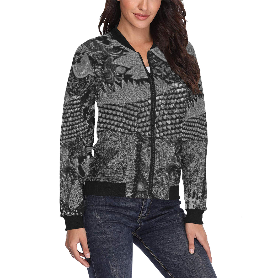 Paisley Power Black and White All Over Print Bomber Jacket for Women (Model H36)