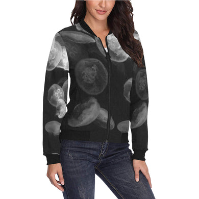 Jellyfish Black and White All Over Print Bomber Jacket for Women (Model H36)