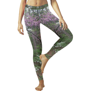 Arkansas Dogwood and Red Bud Flower Low Rise Leggings (Invisible Stitch) (Model L05)