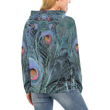 Load image into Gallery viewer, Peacock Feathers Blue All Over Print Hoodie for Women (USA Size) (Model H13)