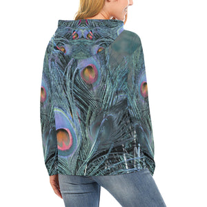 Peacock Feathers Blue All Over Print Hoodie for Women (USA Size) (Model H13)