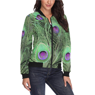 Peacock Feathers Green All Over Print Bomber Jacket for Women (Model H36)