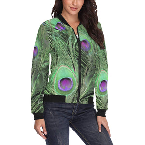 Peacock Feathers Green All Over Print Bomber Jacket for Women (Model H36)