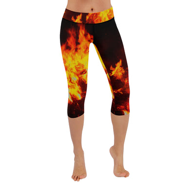 Feathery Flames Red New Low Rise Capri Leggings (Flatlock Stitch) (Model L09)