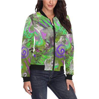 Graffiti Abstract Green All Over Print Bomber Jacket for Women (Model H36)