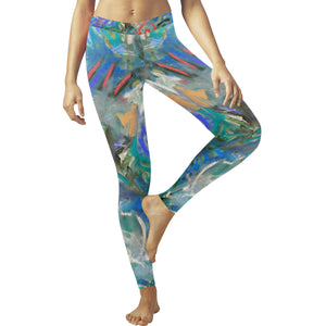 Graffiti Abstract Blue Low Rise Leggings (Invisible Stitch) (Model L05)