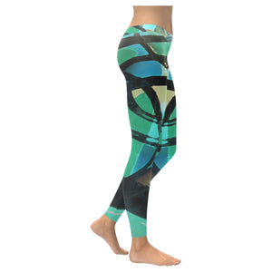 Abstract Circles Black and Teal Low Rise Leggings (Invisible Stitch) (Model L05)