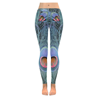 Peacock Feathers Blue Low Rise Leggings (Invisible Stitch) (Model L05)