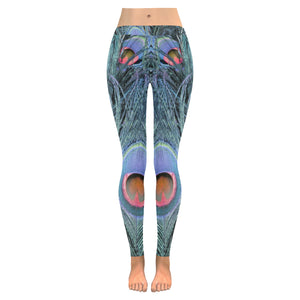 Peacock Feathers Blue Low Rise Leggings (Invisible Stitch) (Model L05)