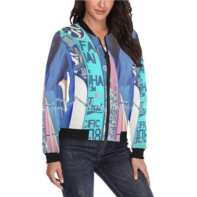 Surfboards Blue All Over Print Bomber Jacket for Women (Model H36)