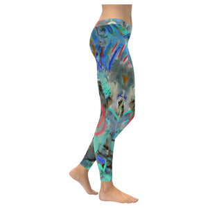 Graffiti Abstract Aqua Low Rise Leggings (Invisible Stitch) (Model L05)