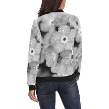 Load image into Gallery viewer, Forget Me Not Flower Black and White All Over Print Bomber Jacket for Women (Model H36)