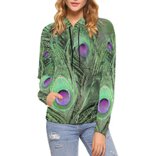 Load image into Gallery viewer, Peacock Feathers Green All Over Print Hoodie for Women (USA Size) (Model H13)
