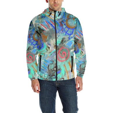 Graffiti Abstract Aqua All Over Print Quilted Windbreaker for Men (Model H35)