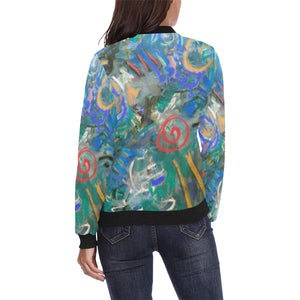 Graffiti Abstract Blue All Over Print Bomber Jacket for Women (Model H36)