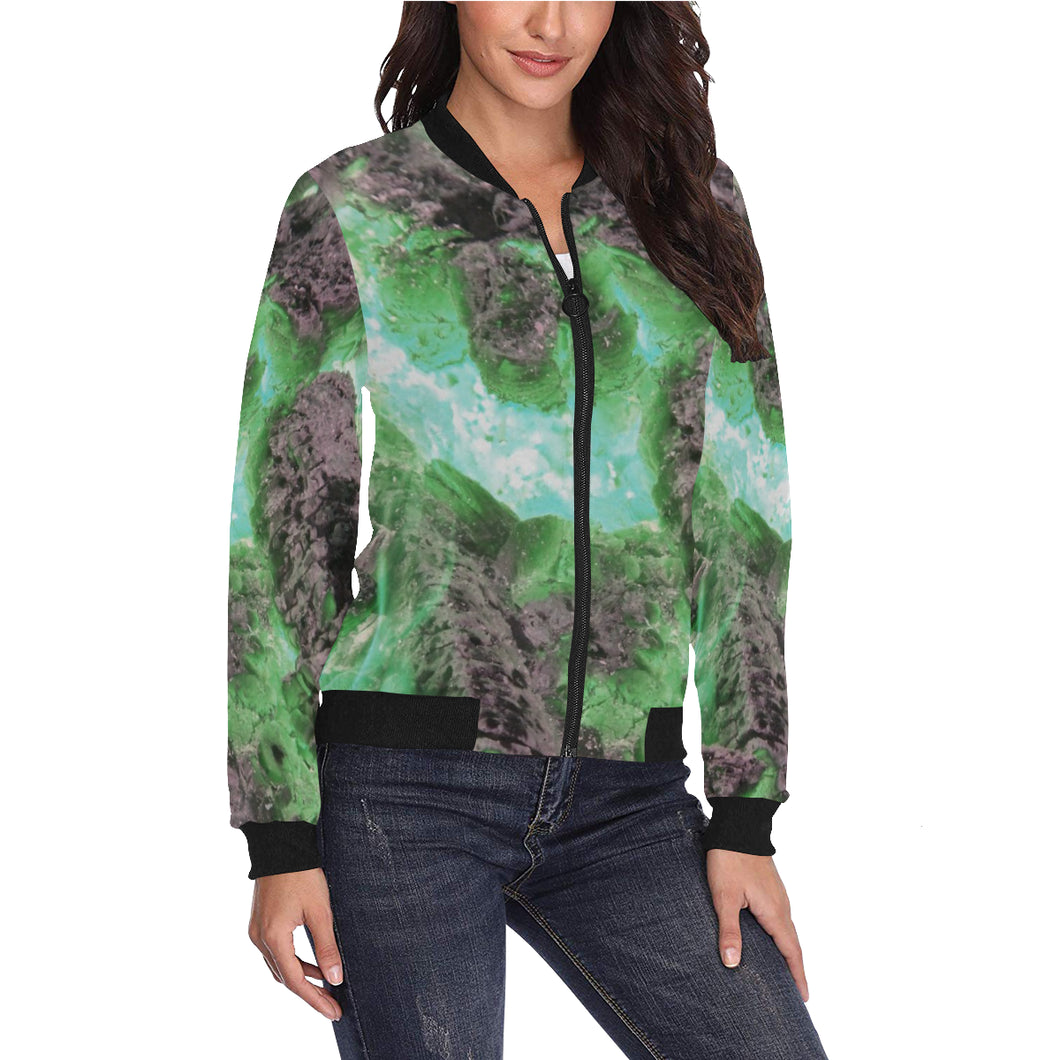 Molten Flames Green All Over Print Bomber Jacket for Women (Model H36)