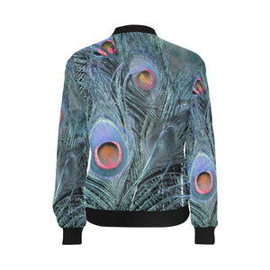 Peacock Feathers Blue All Over Print Bomber Jacket for Women (Model H36)