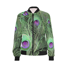 Load image into Gallery viewer, Peacock Feathers Green All Over Print Bomber Jacket for Women (Model H36)