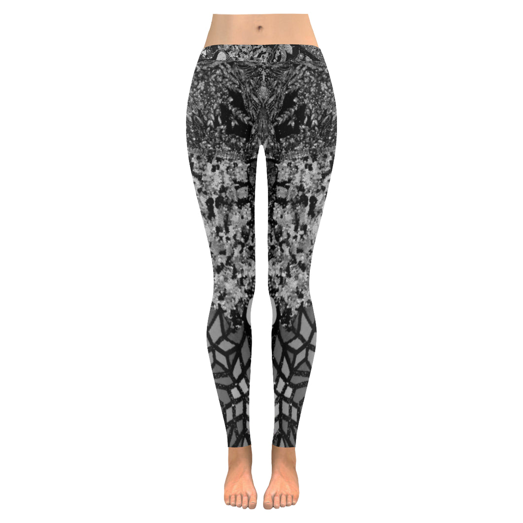 Holiday Paisley Black and White Low Rise Leggings (Invisible Stitch) (Model L05)