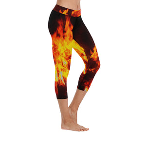 Feathery Flames Red New Low Rise Capri Leggings (Flatlock Stitch) (Model L09)