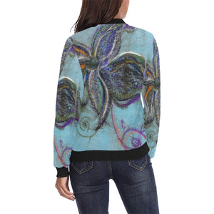 Graffiti Flower Blue All Over Print Bomber Jacket for Women (Model H36)